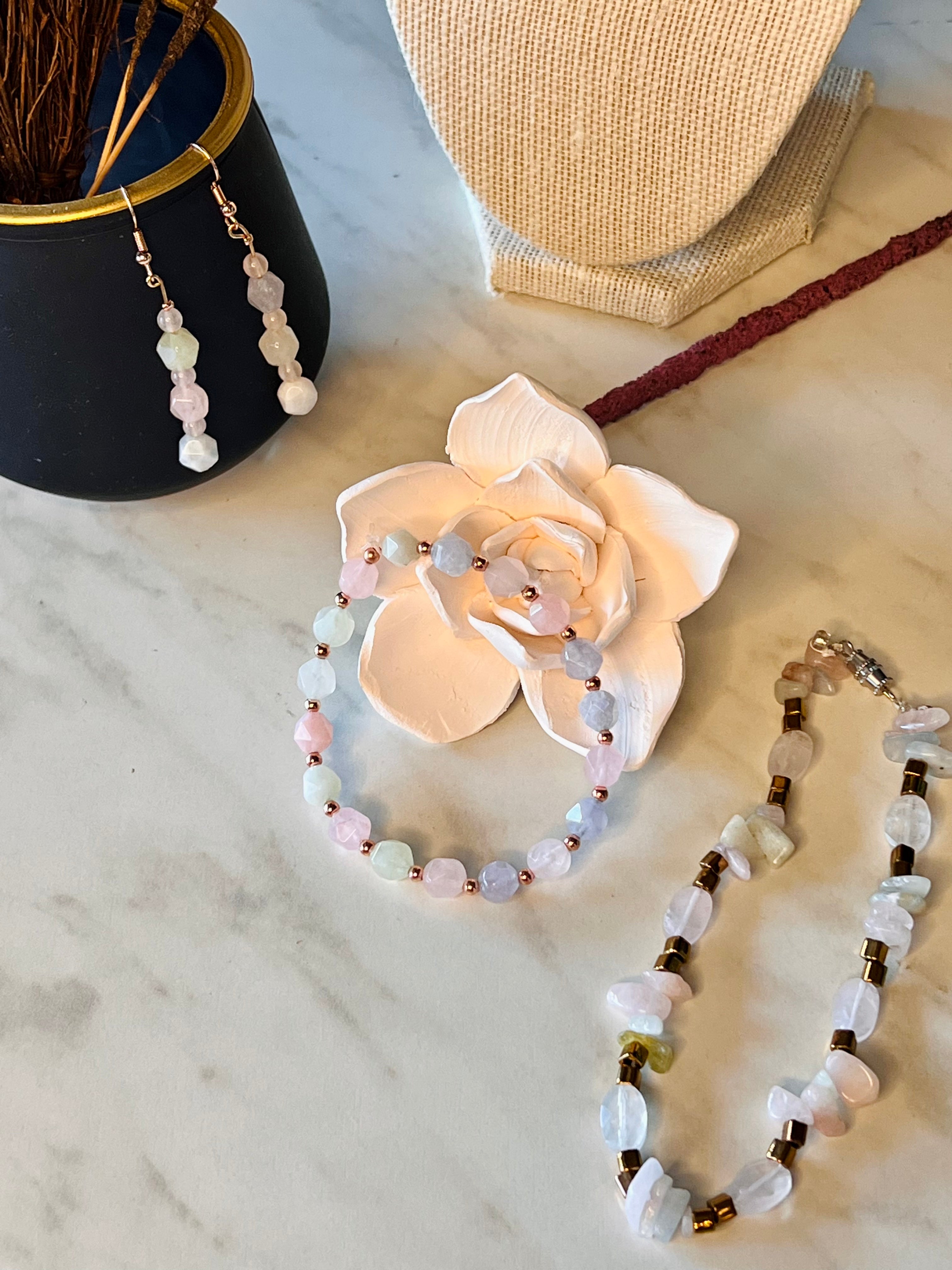 Morganite & Rose Quartz Trio Earrings, Bracelet & Anklet Set