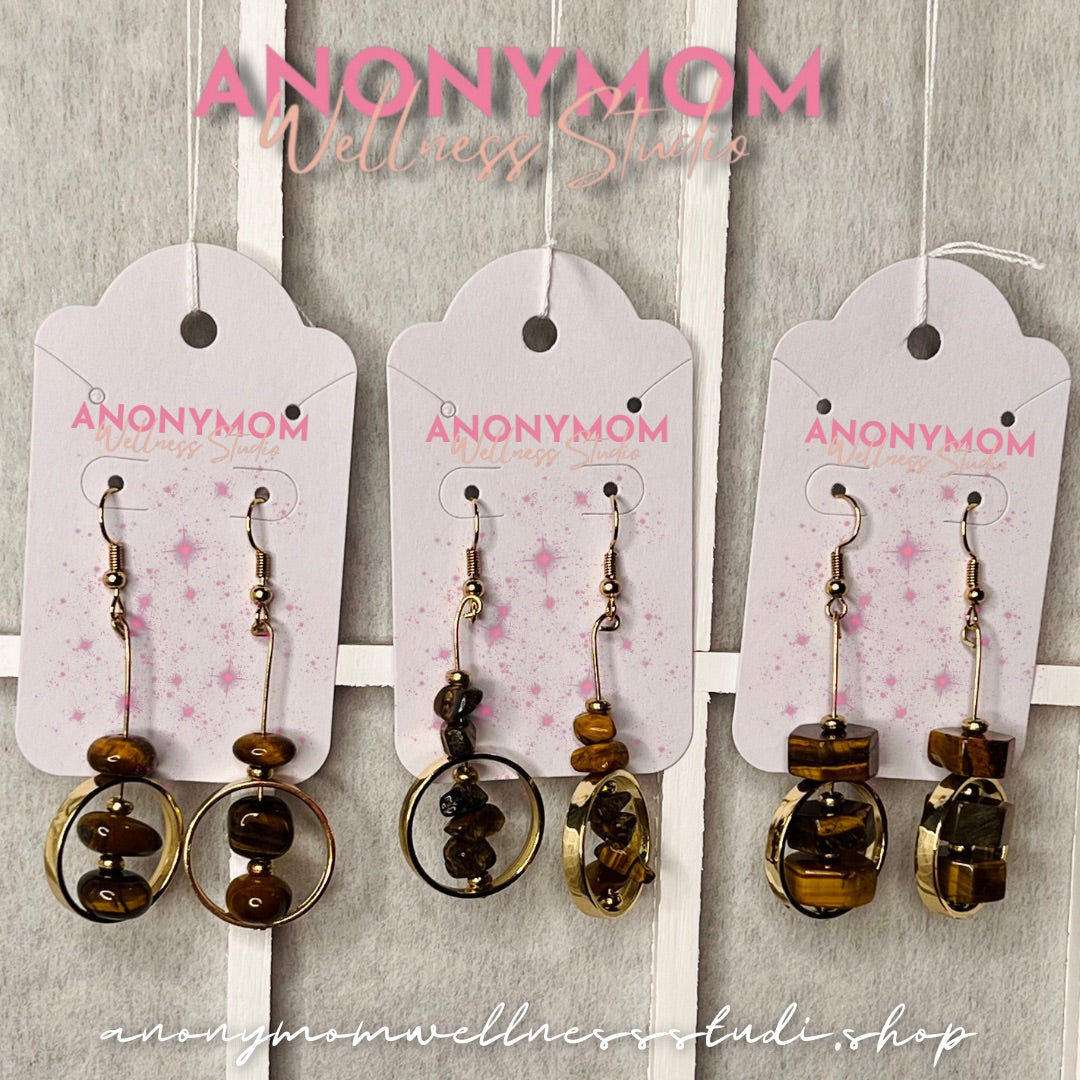 TigersEye & Gold Plated Band Dangle Earrings