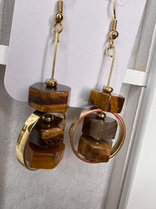 TigersEye & Gold Plated Band Dangle Earrings