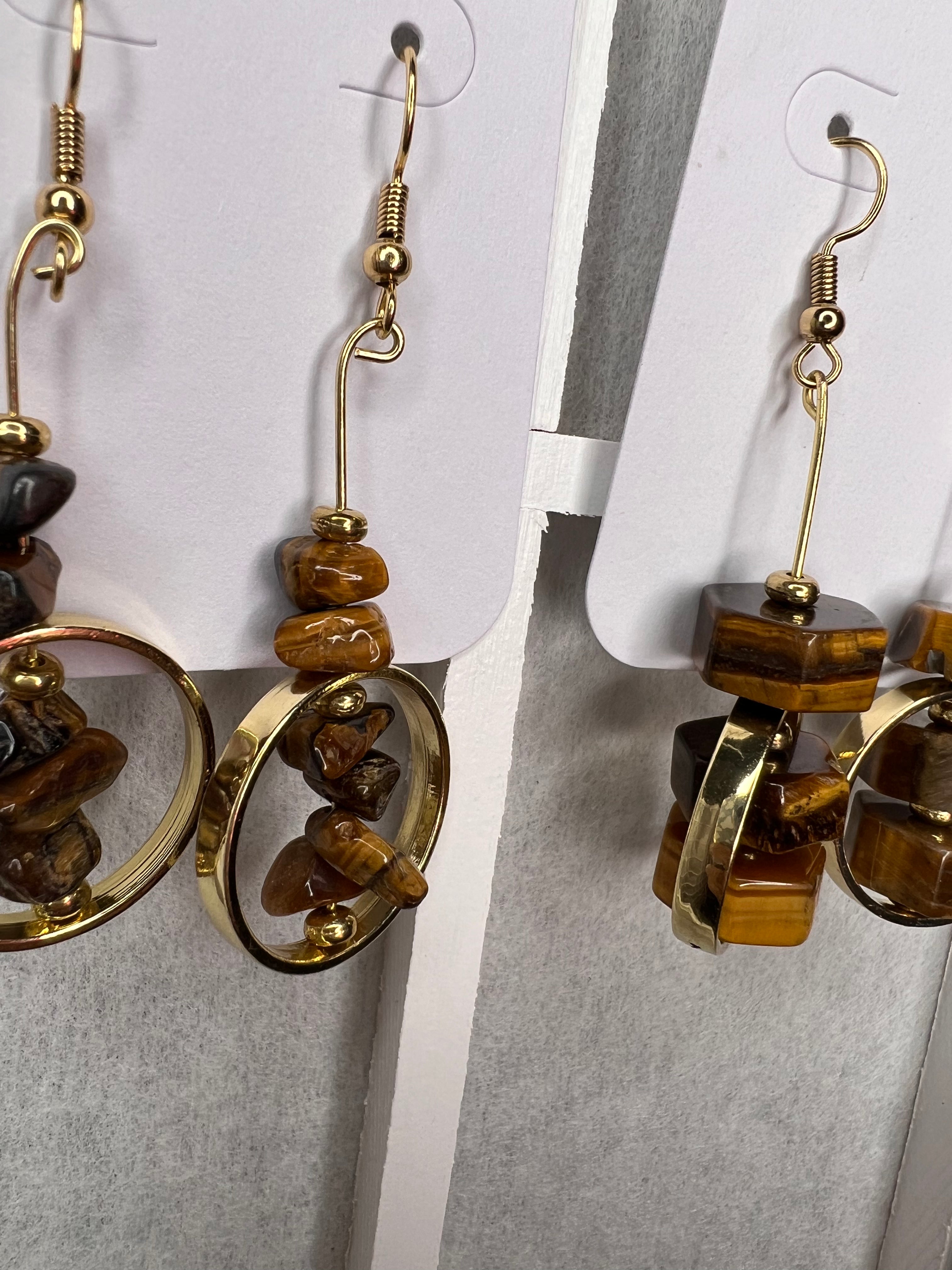 TigersEye & Gold Plated Band Dangle Earrings